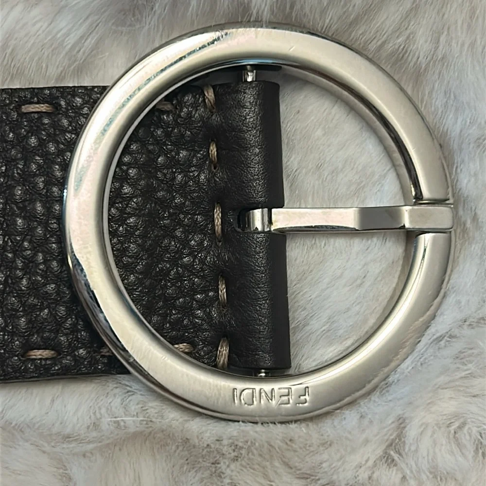 Fendi Dark Brown Leather Belt with Silver Round Buckle